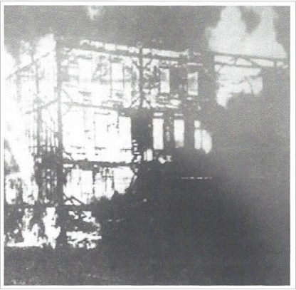 A providential rain helped firemen combat the flames at the old wagon factory on May 8, 1932. The fire was believed to have been caused by spontaneous combustion and fed by a thousand gallons of oil, grease, and alcohol stored in the building. 

The fire also destroyed the adjoining business of J. A. McDonald marble works, a blacksmith shop and the Frick-Reid supply store. Fire units were called from DuBois, Clarion, and New Bethlehem to fight the blaze. Thirty-six used cars and trucks and various auto supplies owned by the L. A. Leathers Garage across the street were also consumed by the fire.