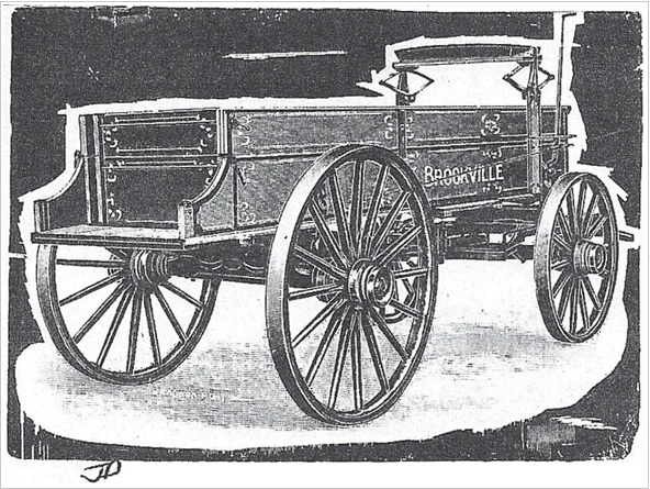 The original Brookville wagon, taken from an early sales brochure of the company. The one in the parade has been restored to look as much like the above as possible.