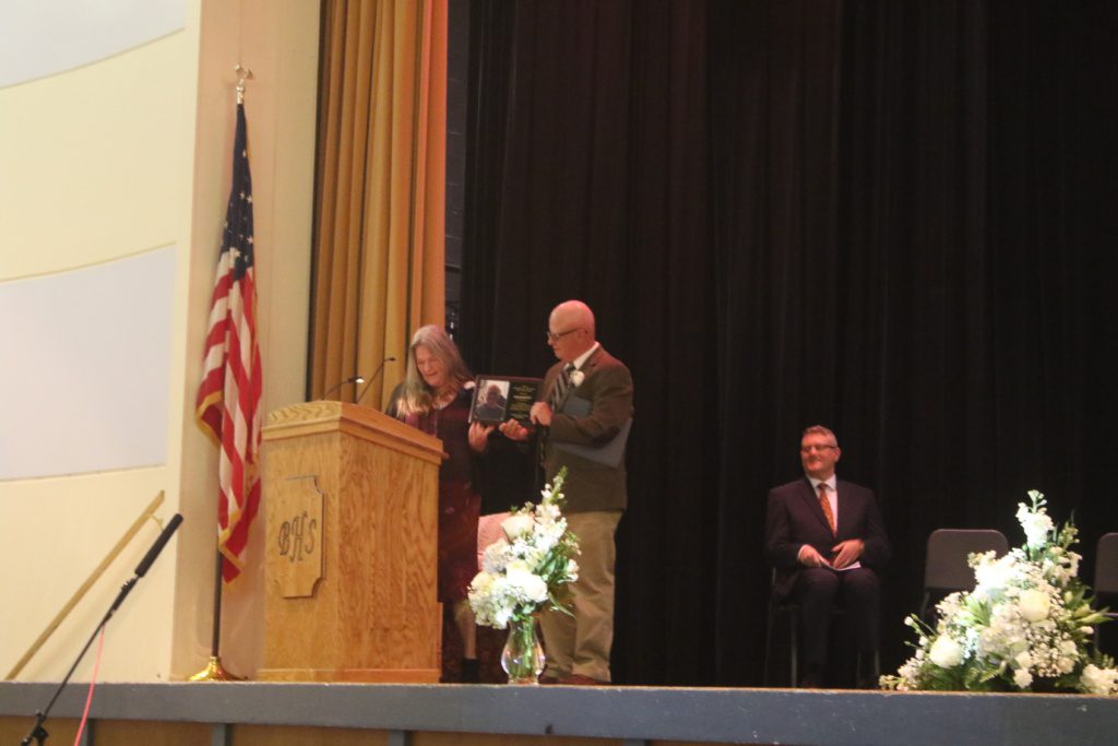Kat Lyons presenting award to Ken Burkett (photo credit: Justin Felgar, reporter for Punxsutawney Spirit and Jefferson County Neighbors)